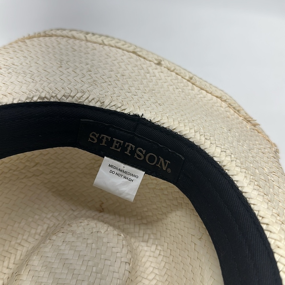 Stetson Cowboy Hat Western Straw Braided Belt Buckle Ivory Black Size Medium - Picture 8 of 10